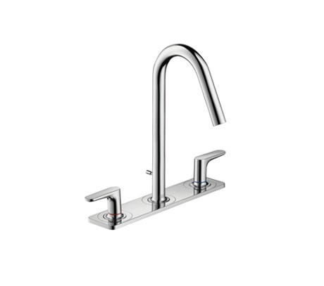 3-hole basin mixer 160 with pop-up waste set, lever handles and plate