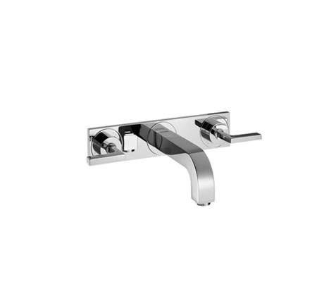 3-hole basin mixer for concealed installation with spout 22.6cm, lever handles and escutcheons wall-mounted